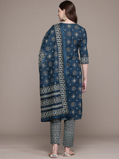 Straight Style Cotton Fabric Navy Blue Colour Kurta And Bottom With Dupatta