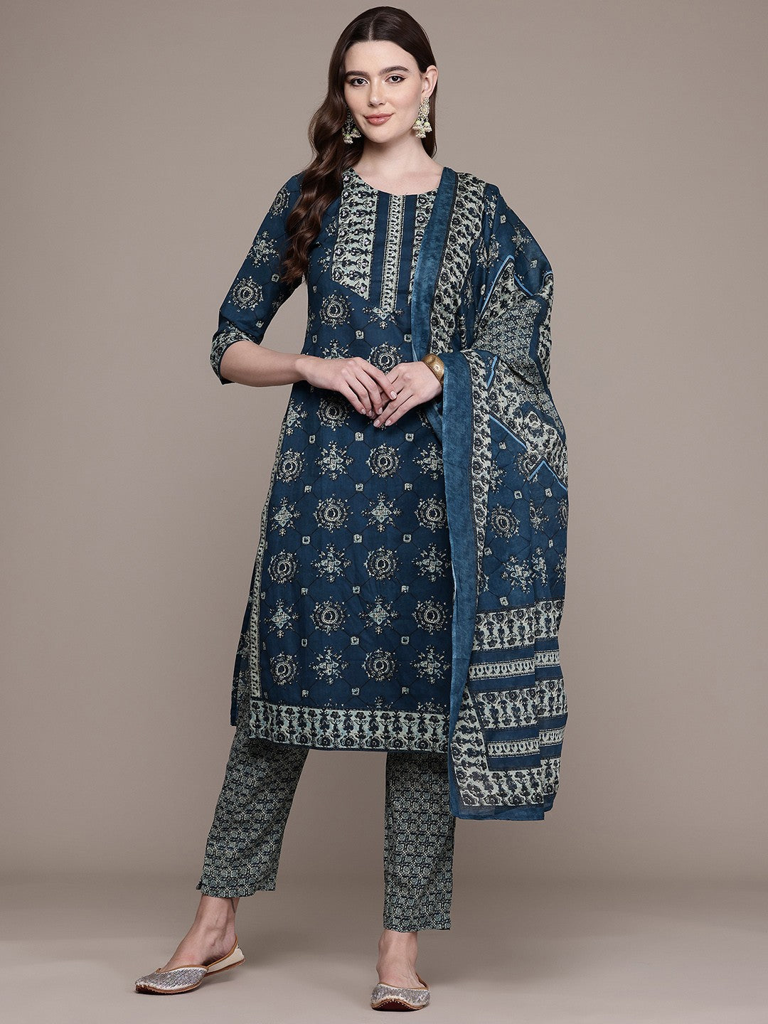 Straight Style Cotton Fabric Navy Blue Colour Kurta And Bottom With Dupatta