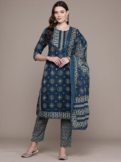 Straight Style Cotton Fabric Navy Blue Colour Kurta And Bottom With Dupatta