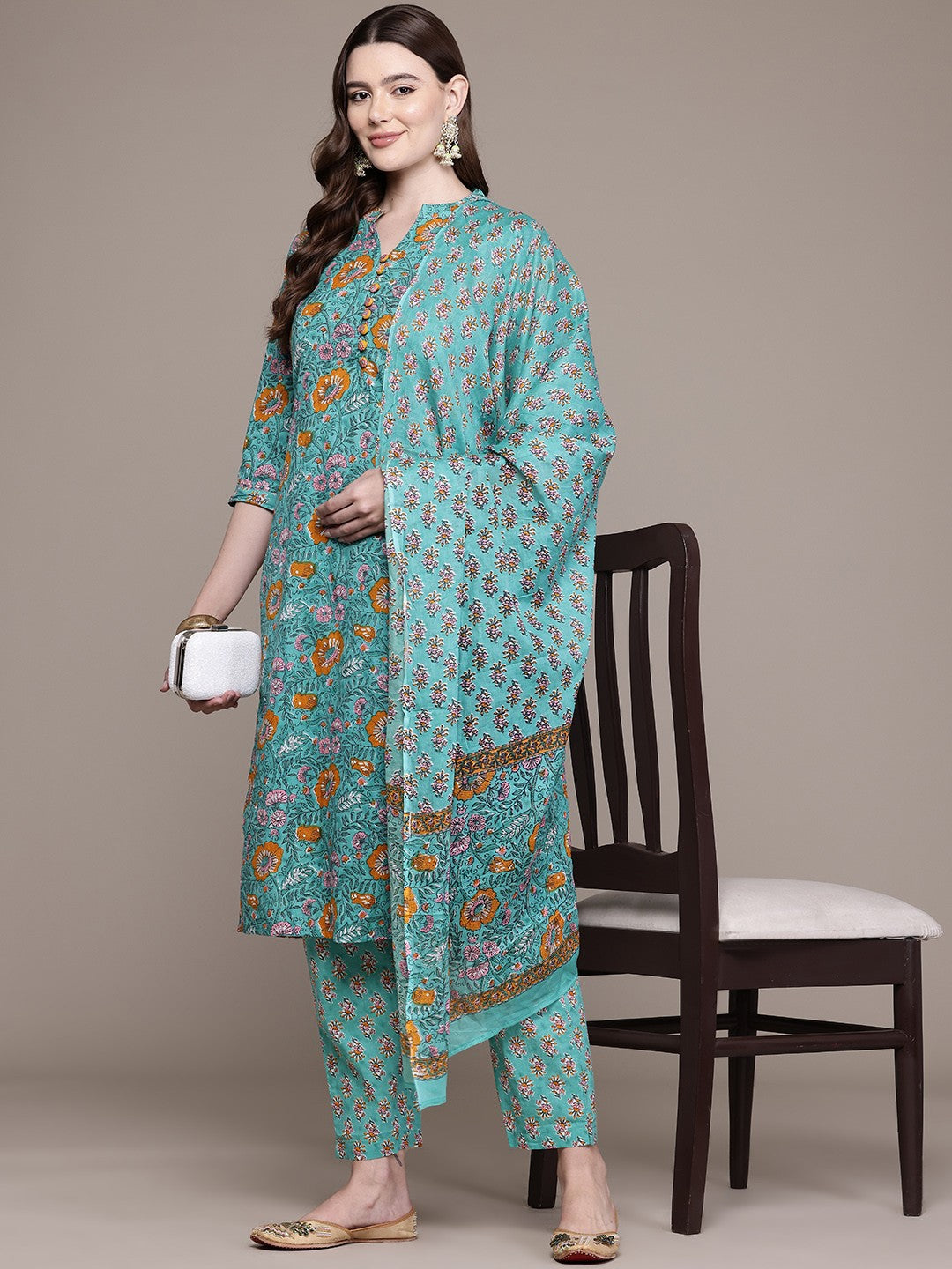 Straight Style Cotton Fabric Sea Green Colour Kurta And Bottom With Dupatta