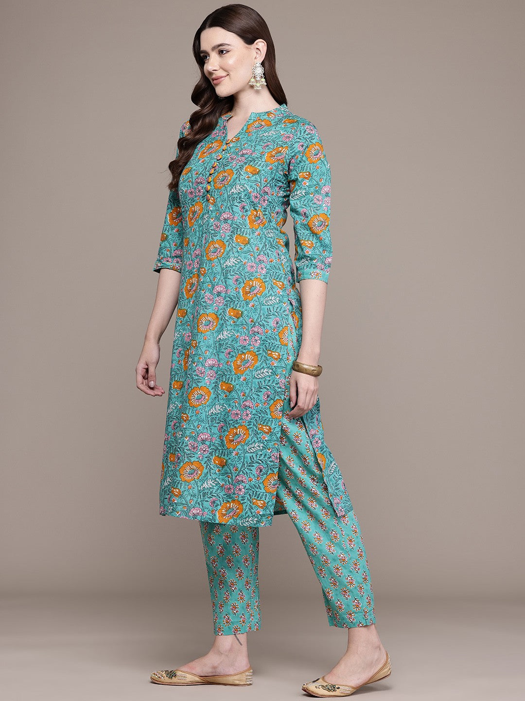 Straight Style Cotton Fabric Sea Green Colour Kurta And Bottom With Dupatta