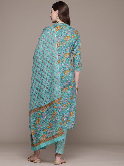 Straight Style Cotton Fabric Sea Green Colour Kurta And Bottom With Dupatta