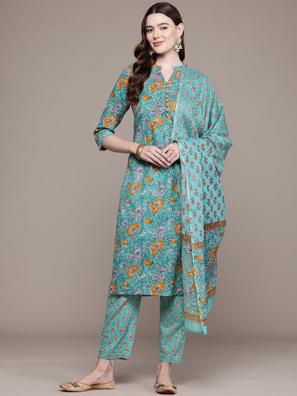 Straight Style Cotton Fabric Sea Green Colour Kurta And Bottom With Dupatta