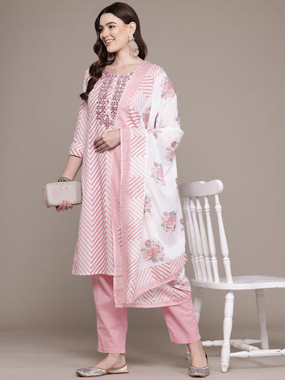 Straight Style Cotton Fabric Mauve Colour Kurta And Bottom With Dupatta
