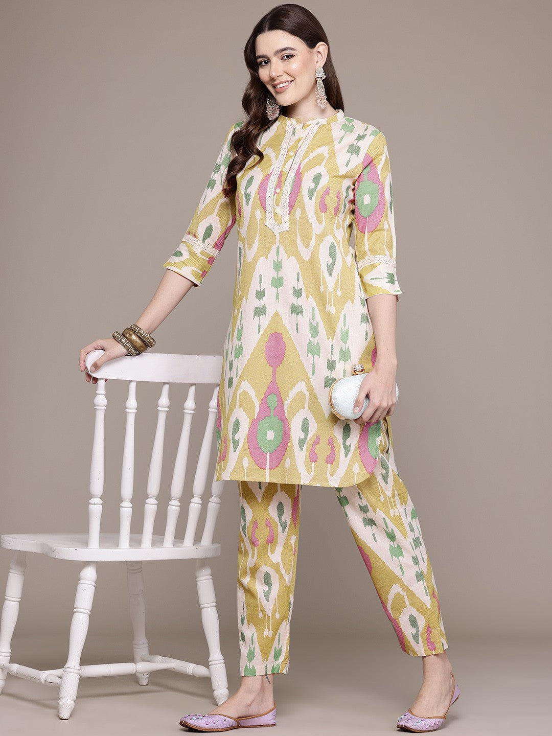 Straight Style Cotton Fabric Yellow Colour Kurta With Bottom