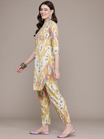 Straight Style Cotton Fabric Yellow Colour Kurta With Bottom