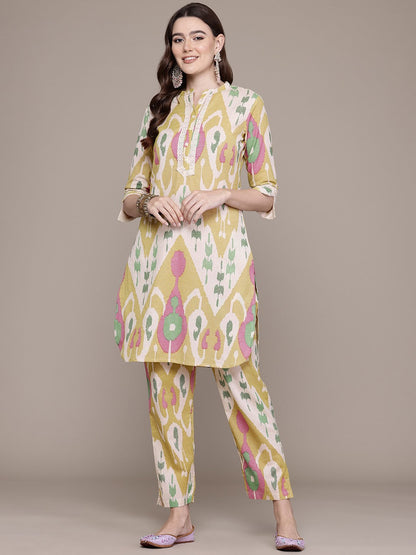 Straight Style Cotton Fabric Yellow Colour Kurta With Bottom
