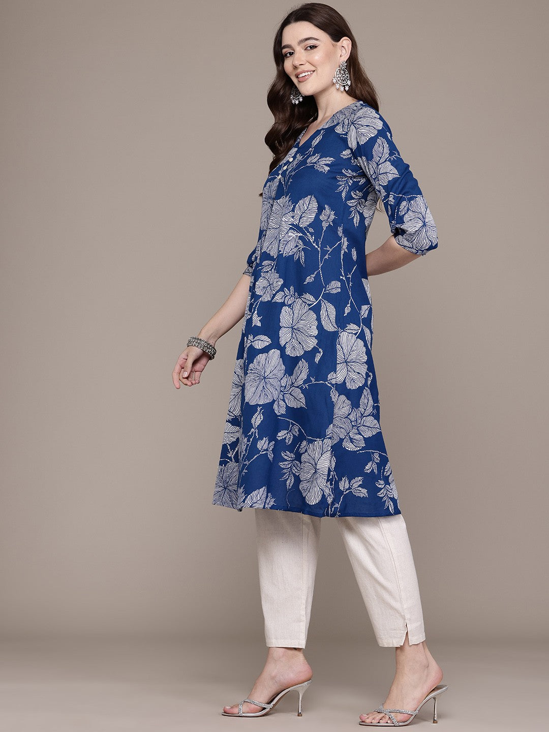 A Line Style Cotton Fabric Navy Blue Colour Kurta With Bottom
