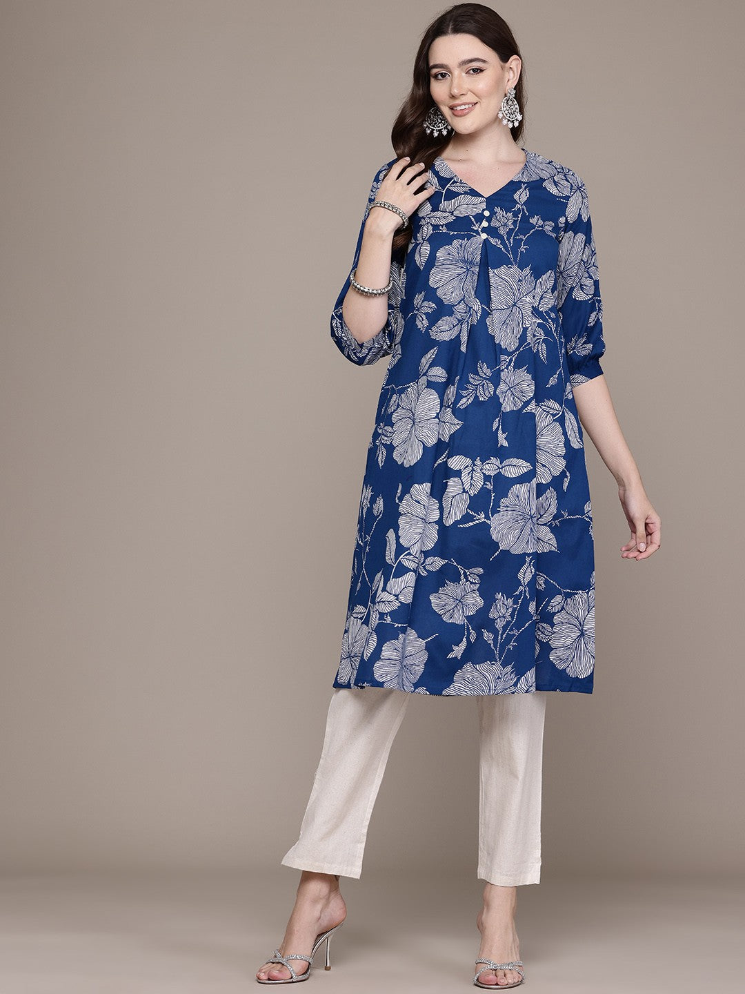 A Line Style Cotton Fabric Navy Blue Colour Kurta With Bottom