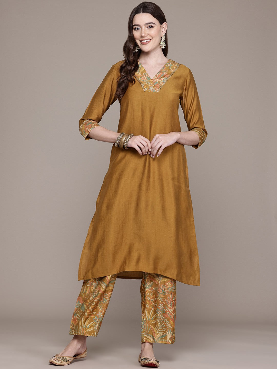 A Line Style Viscose Fabric Mustard Colour Kurta With Bottom