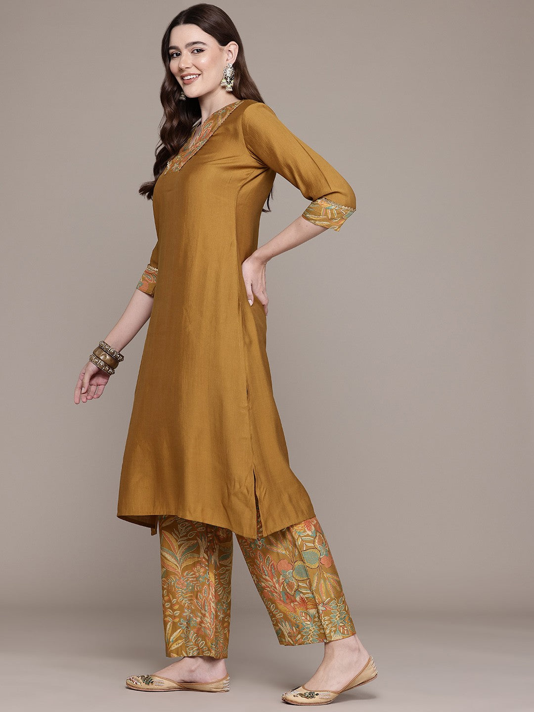 A Line Style Viscose Fabric Mustard Colour Kurta With Bottom