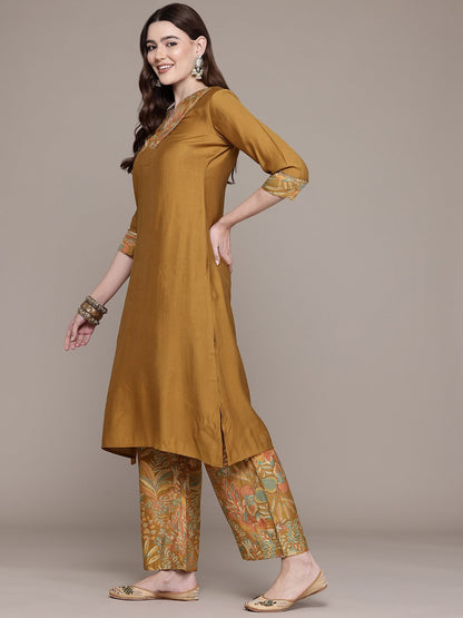 A Line Style Viscose Fabric Mustard Colour Kurta With Bottom