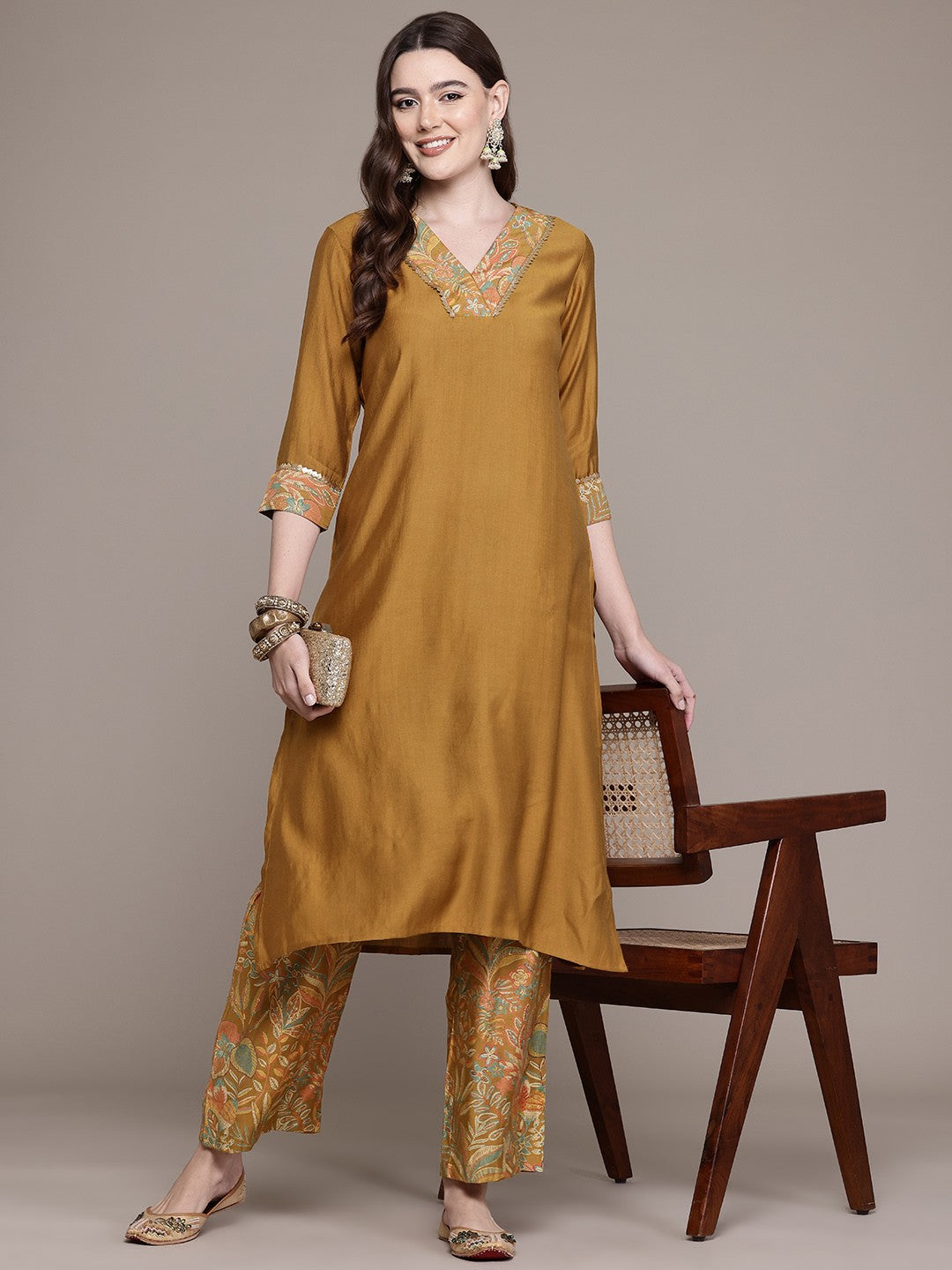A Line Style Viscose Fabric Mustard Colour Kurta With Bottom