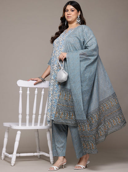 Straight Style Cotton Fabric Multi Colour Kurta With Bottom And Dupatta