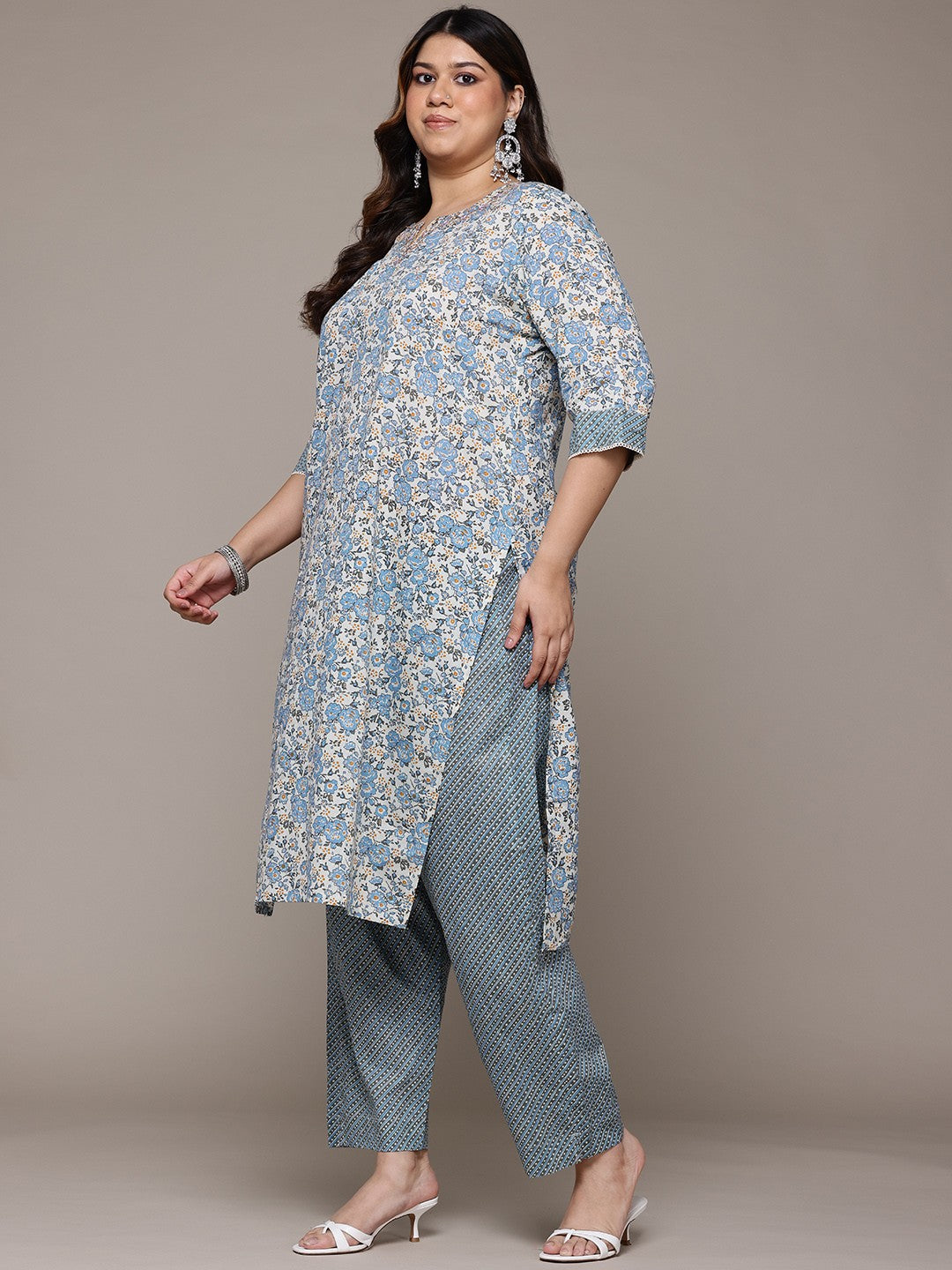 Straight Style Cotton Fabric Multi Colour Kurta With Bottom And Dupatta