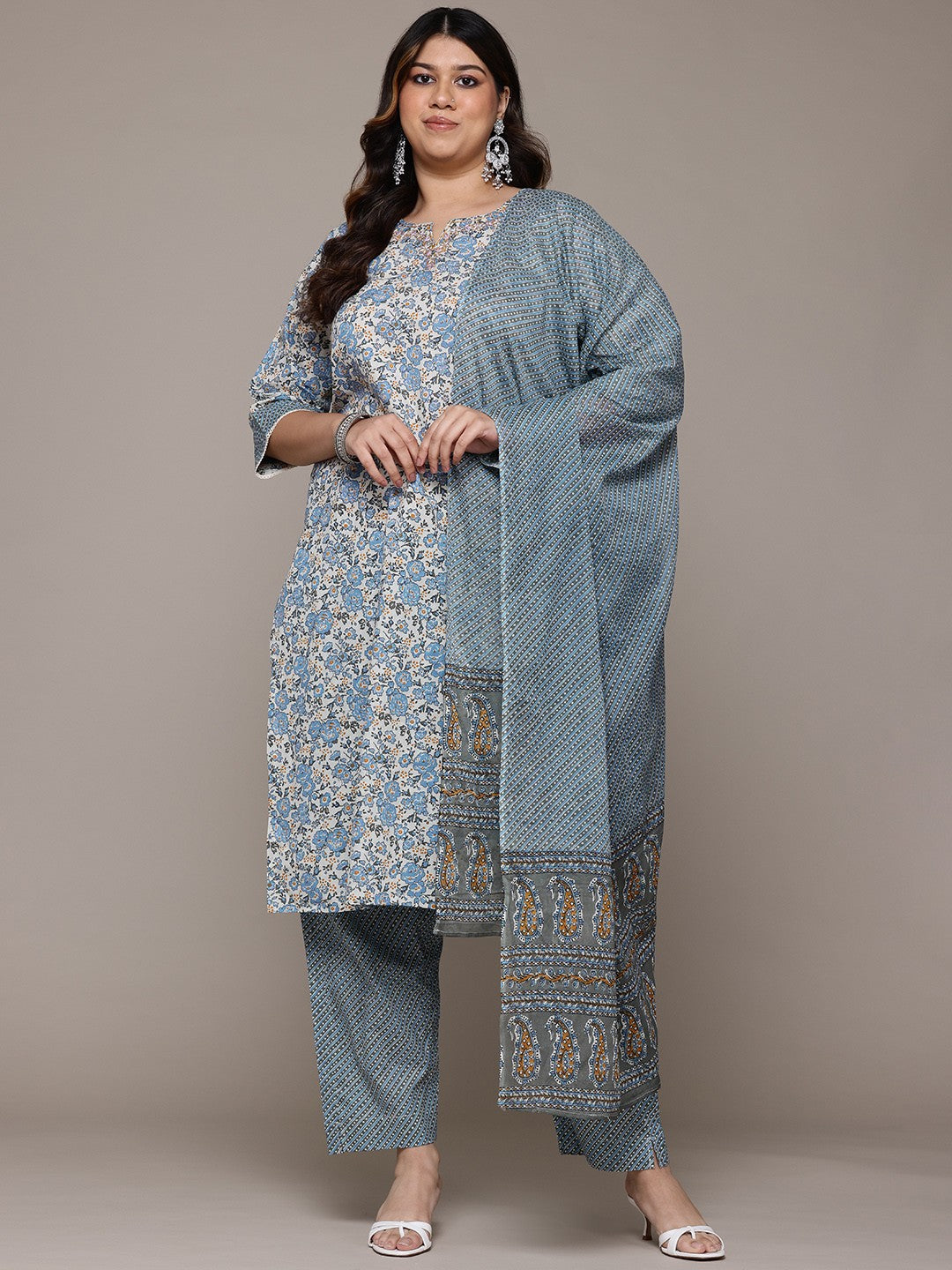 Straight Style Cotton Fabric Multi Colour Kurta With Bottom And Dupatta