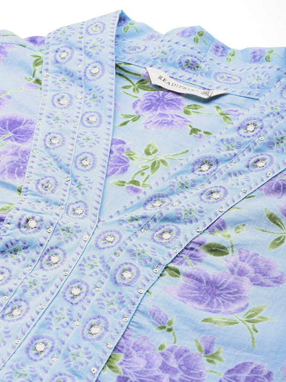 Straight Style Cotton Fabric Blue Colour Kurta With Bottom And Dupatta