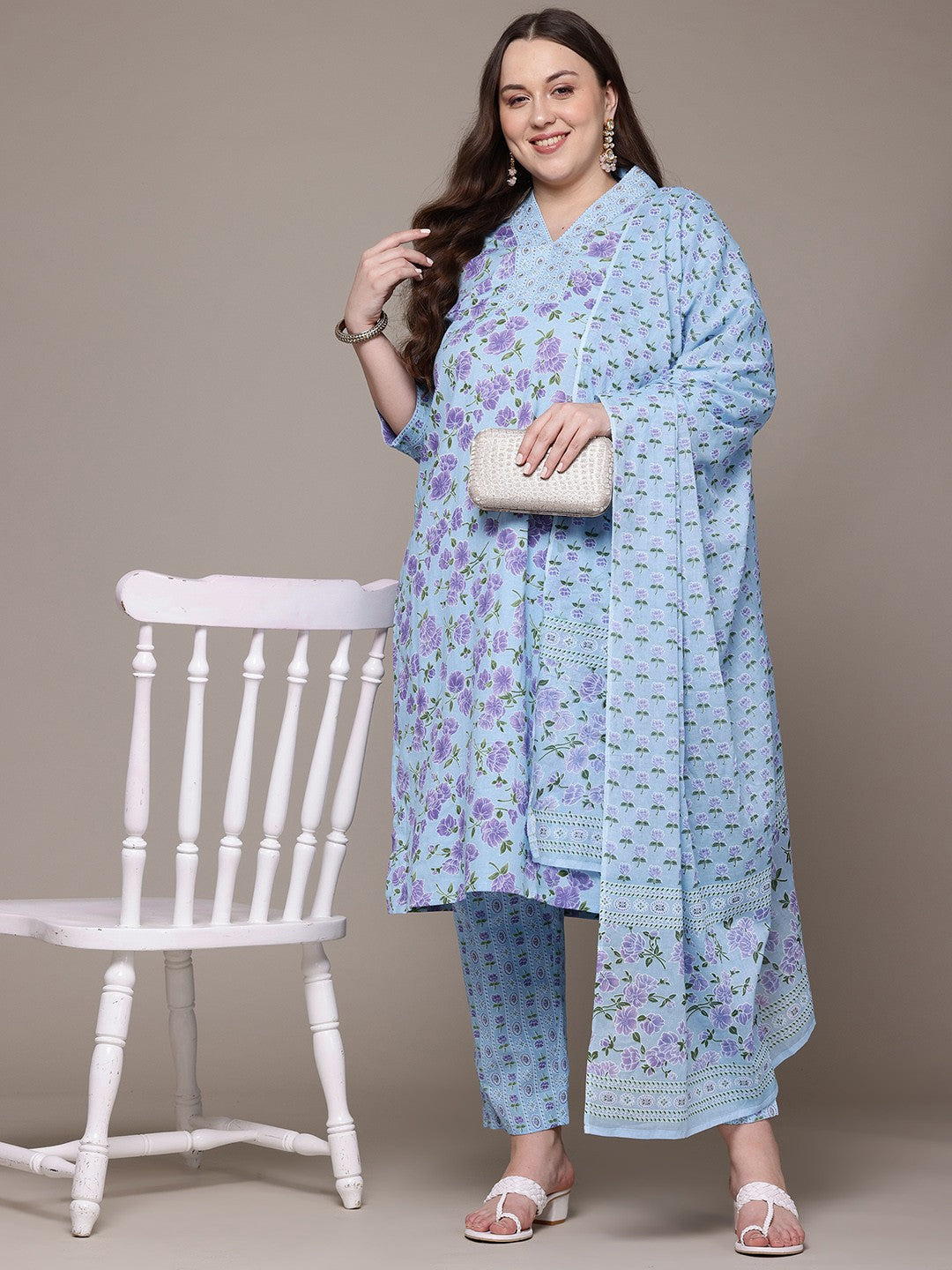 Straight Style Cotton Fabric Blue Colour Kurta With Bottom And Dupatta
