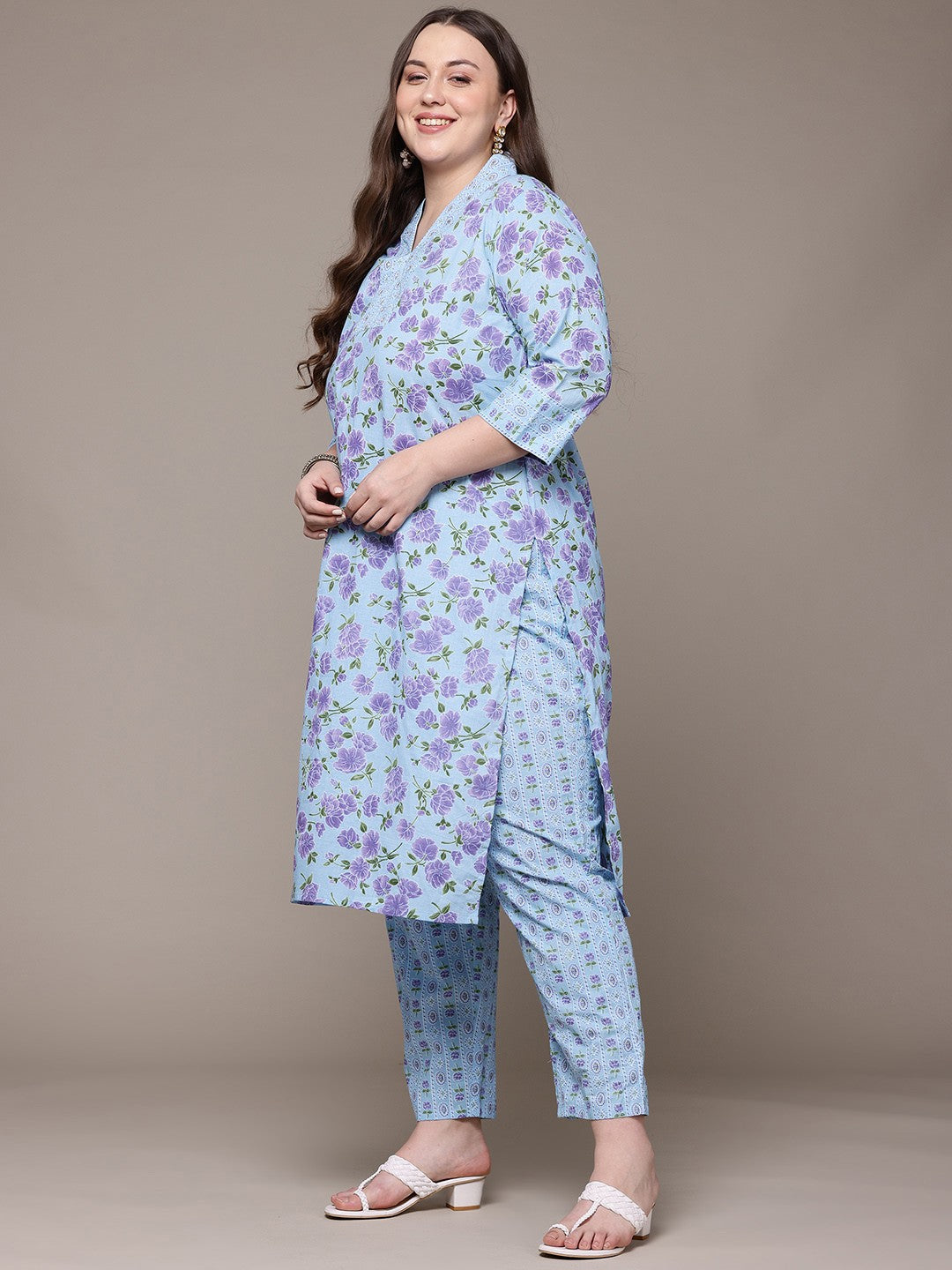 Straight Style Cotton Fabric Blue Colour Kurta With Bottom And Dupatta