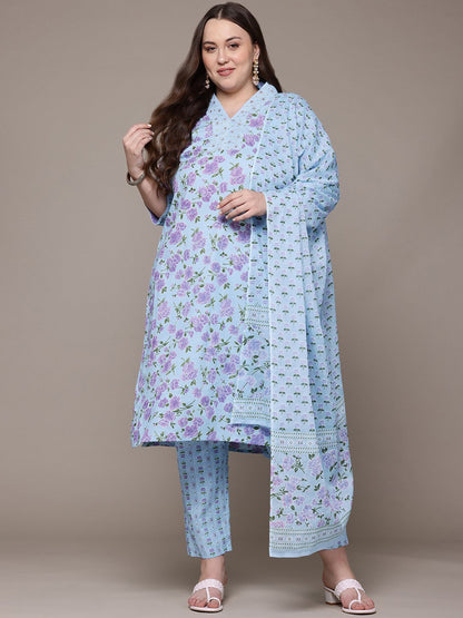 Straight Style Cotton Fabric Blue Colour Kurta With Bottom And Dupatta