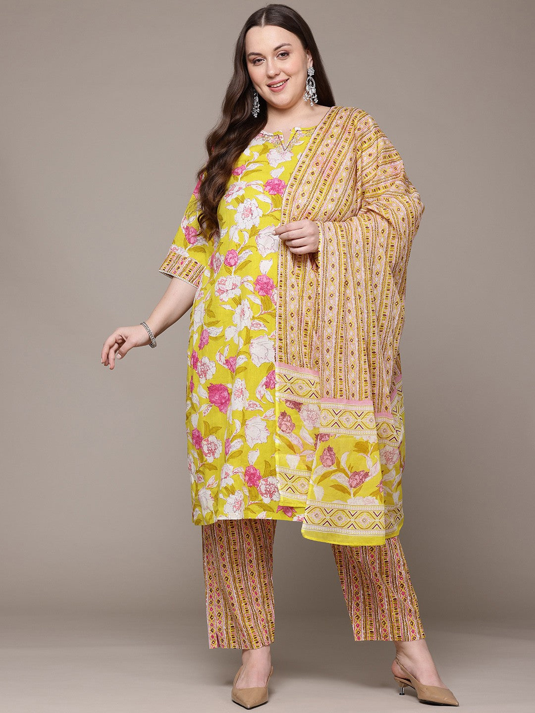 Straight Style Cotton Fabric Yellow Colour Kurta With Bottom And Dupatta