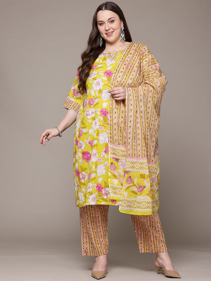 Straight Style Cotton Fabric Yellow Colour Kurta With Bottom And Dupatta