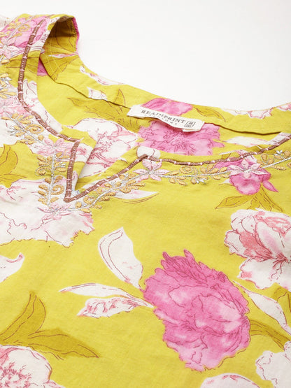 Straight Style Cotton Fabric Yellow Colour Kurta With Bottom And Dupatta