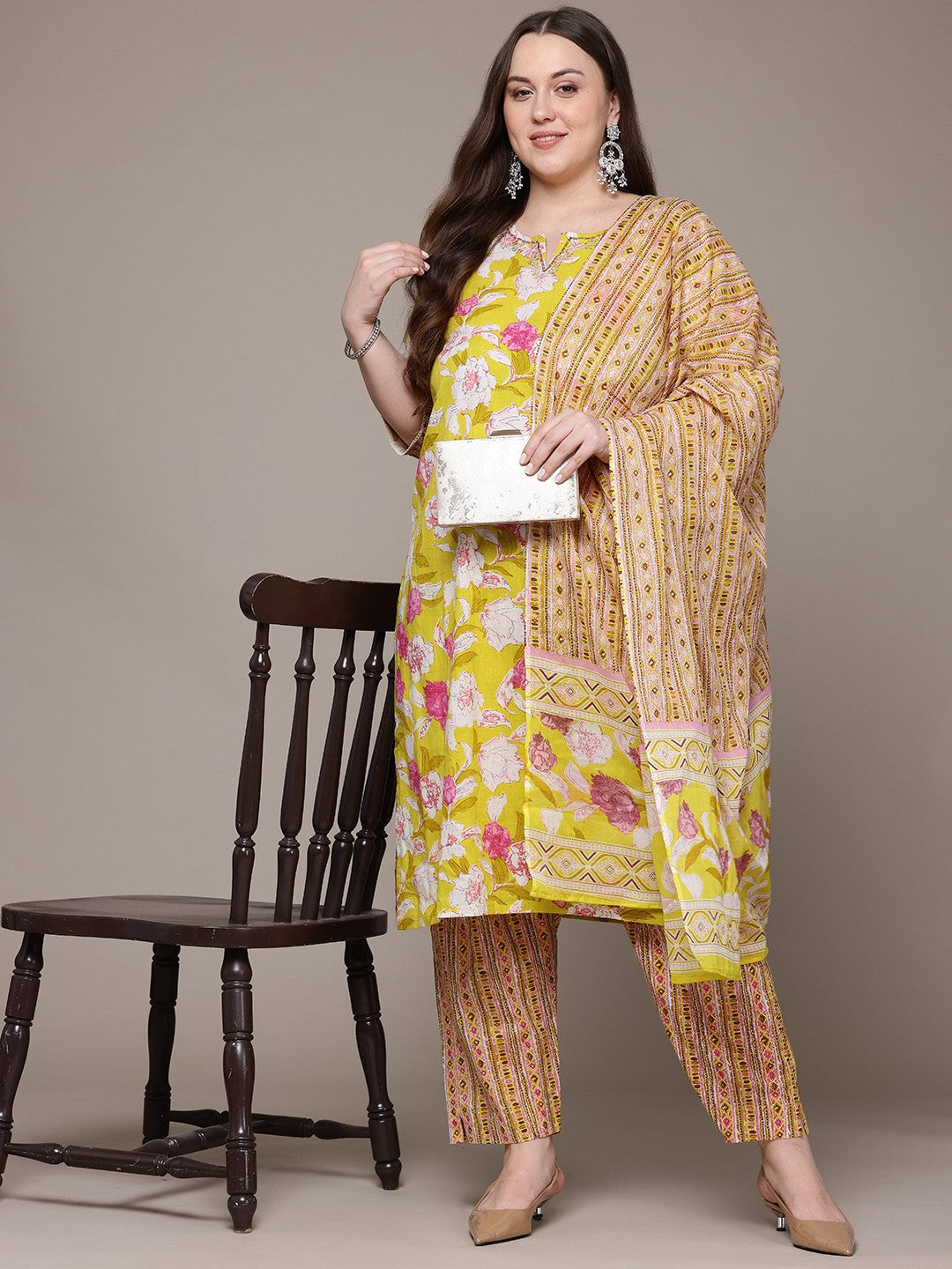 Straight Style Cotton Fabric Yellow Colour Kurta With Bottom And Dupatta