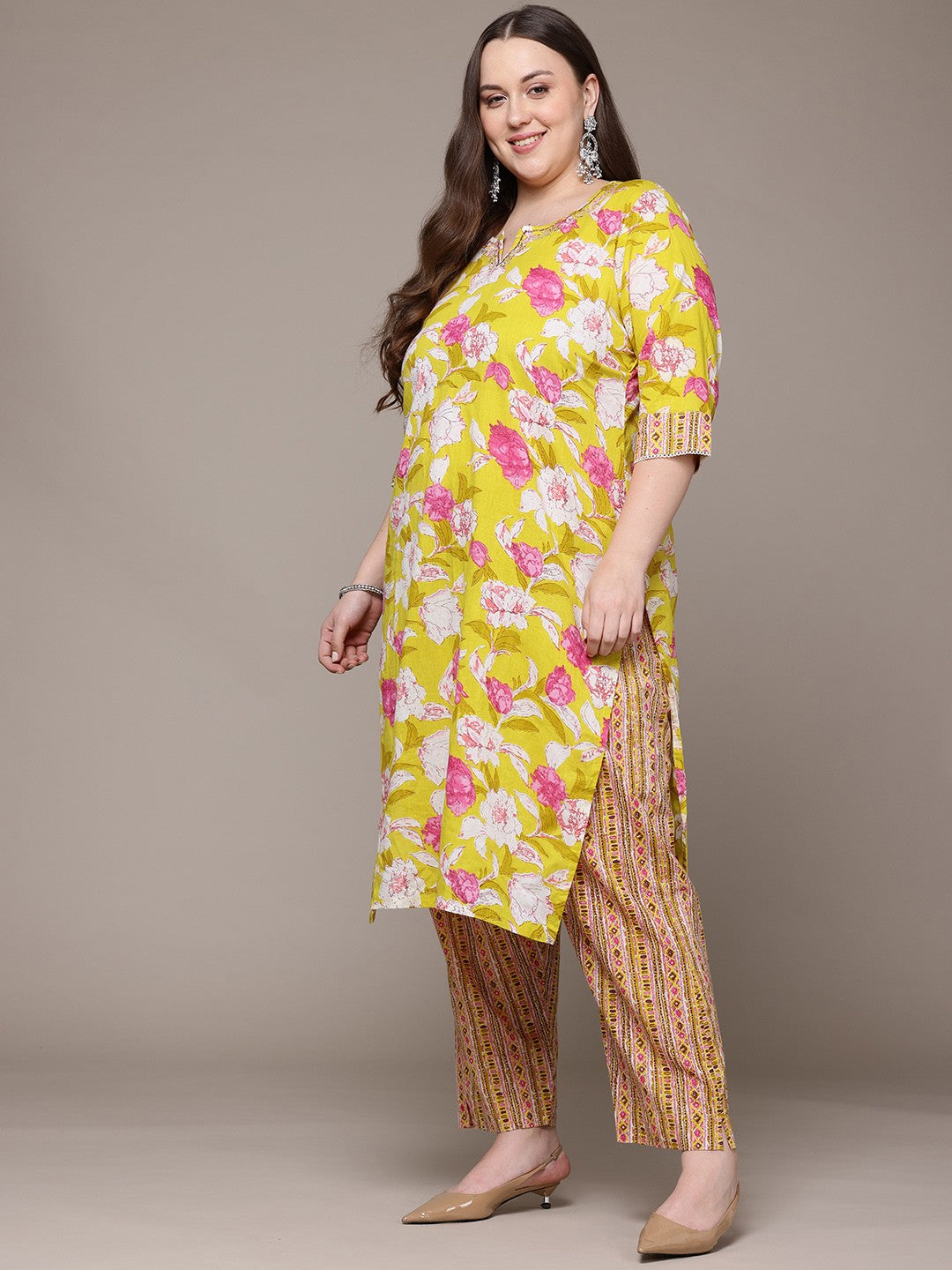 Straight Style Cotton Fabric Yellow Colour Kurta With Bottom And Dupatta