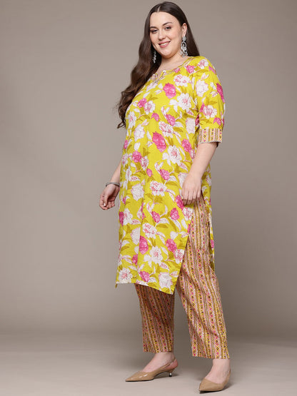 Straight Style Cotton Fabric Yellow Colour Kurta With Bottom And Dupatta
