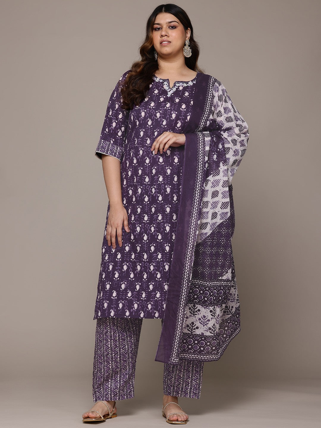 Straight Style Cotton Fabric Violet Colour Kurta With Bottom And Dupatta