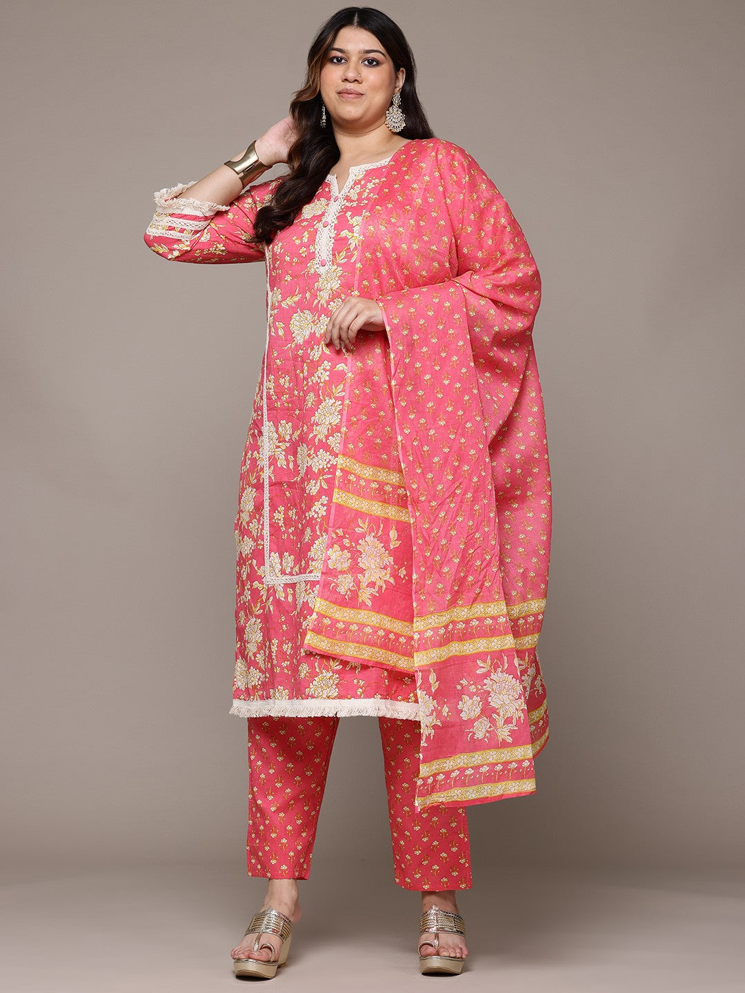 Straight Style Cotton Fabric Pink Colour Kurta With Bottom And Dupatta