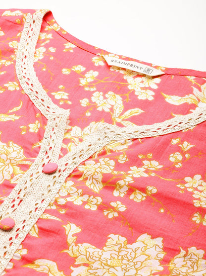 Straight Style Cotton Fabric Pink Colour Kurta With Bottom And Dupatta