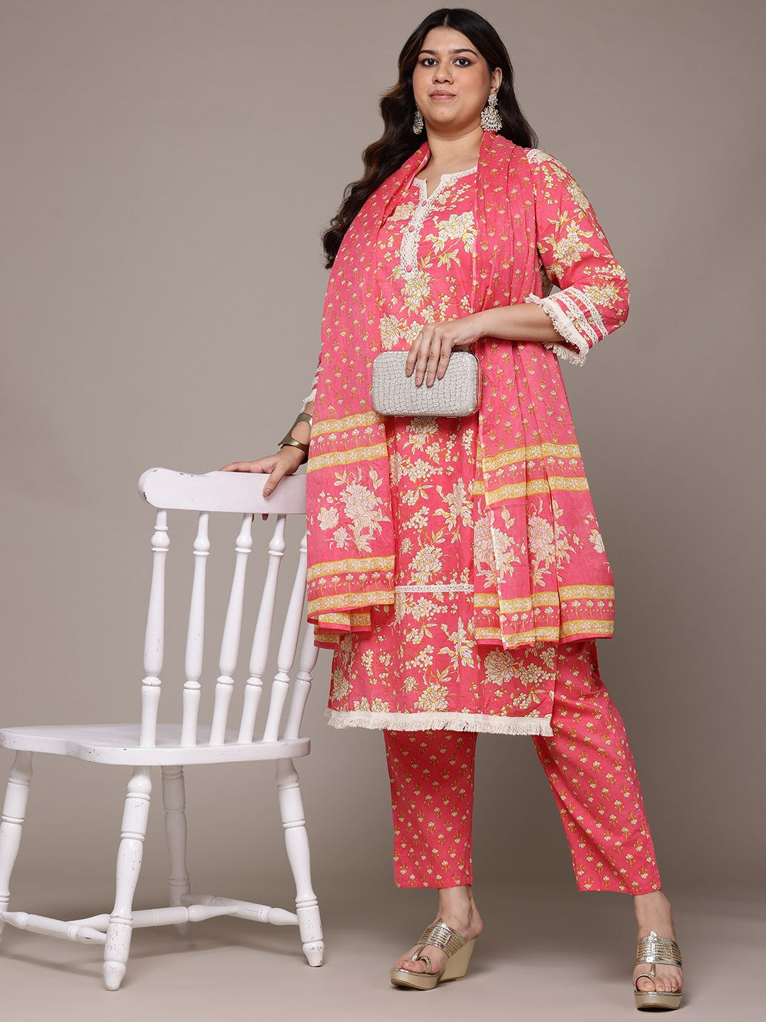 Straight Style Cotton Fabric Pink Colour Kurta With Bottom And Dupatta