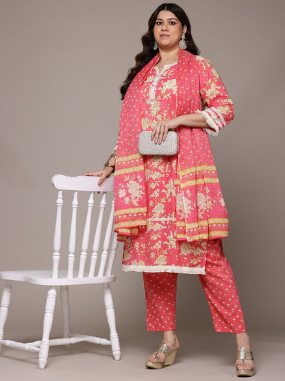 Straight Style Cotton Fabric Pink Colour Kurta With Bottom And Dupatta