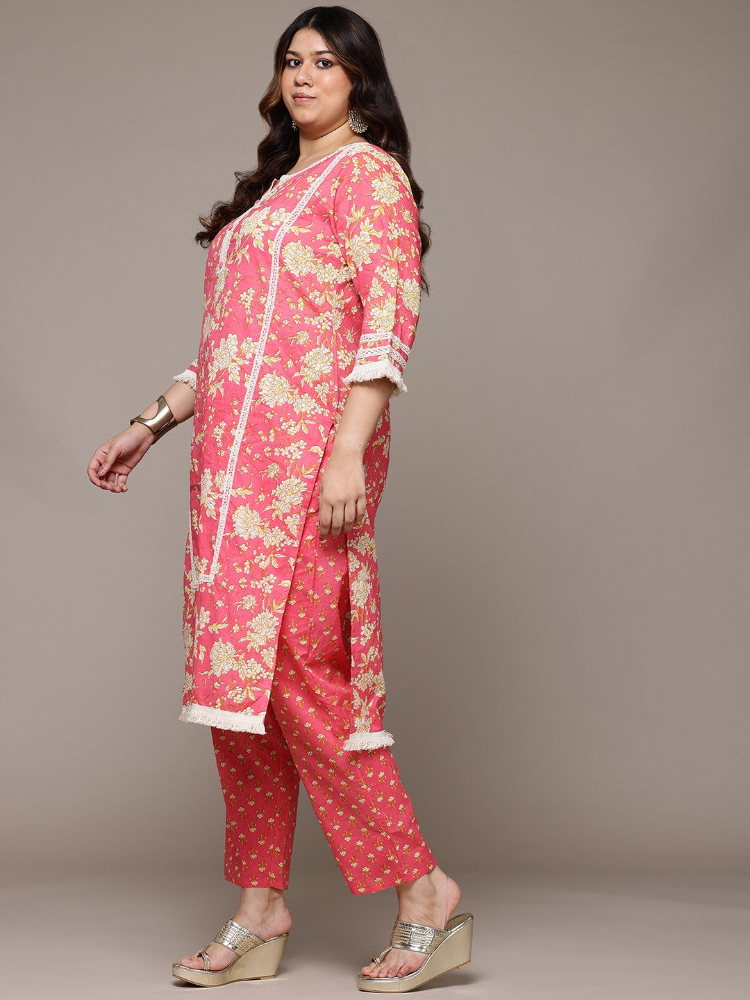 Straight Style Cotton Fabric Pink Colour Kurta With Bottom And Dupatta