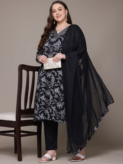 A Line Style Cotton Fabric Black Colour Kurta With Bottom And Dupatta