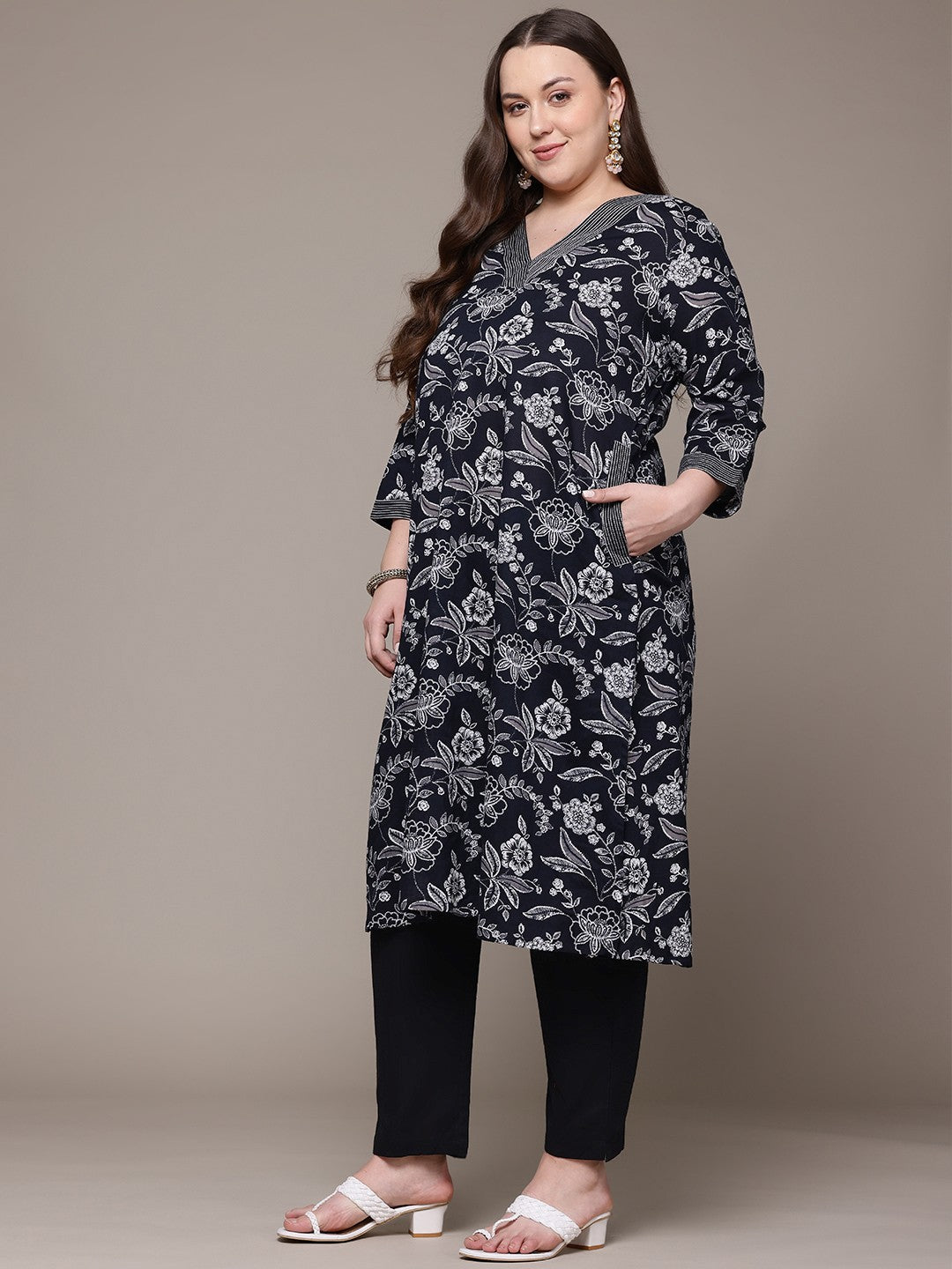 A Line Style Cotton Fabric Black Colour Kurta With Bottom And Dupatta