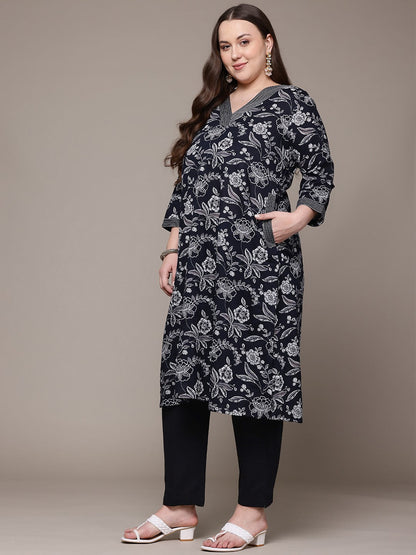 A Line Style Cotton Fabric Black Colour Kurta With Bottom And Dupatta