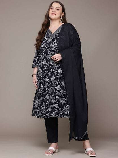 A Line Style Cotton Fabric Black Colour Kurta With Bottom And Dupatta
