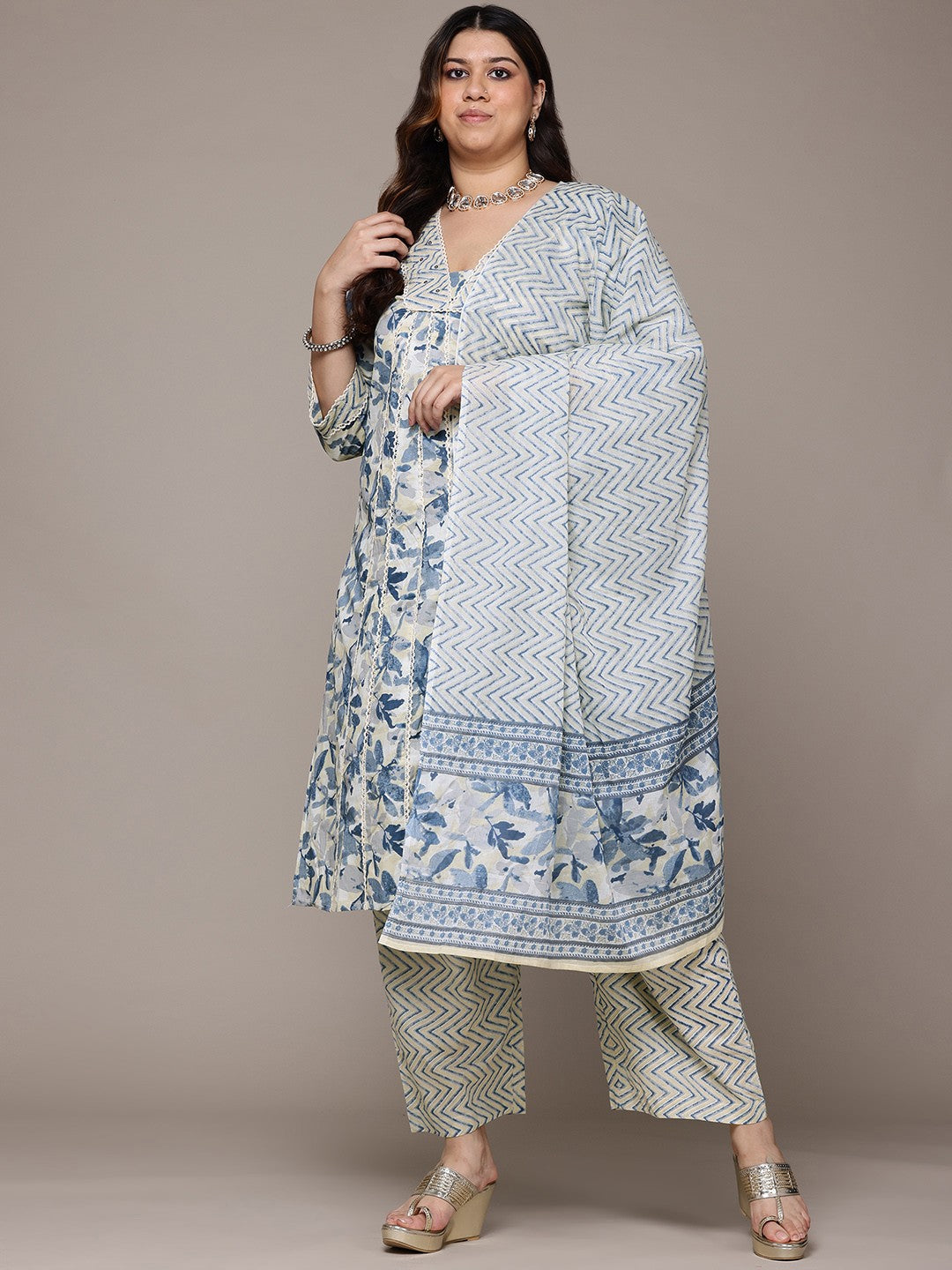 A Line Style Cotton Fabric Yellow Colour Kurta With Bottom And Dupatta