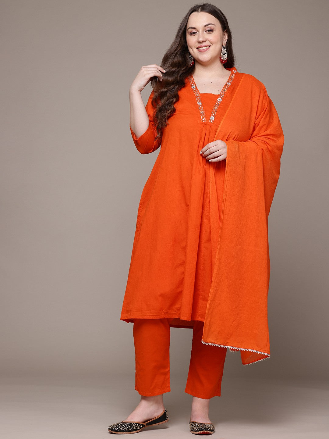 A Line Style Cotton Fabric Orange Colour Kurta With Bottom And Dupatta
