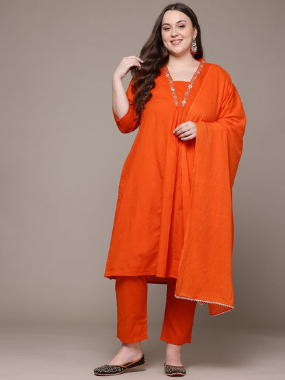 A Line Style Cotton Fabric Orange Colour Kurta With Bottom And Dupatta