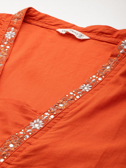A Line Style Cotton Fabric Orange Colour Kurta With Bottom And Dupatta