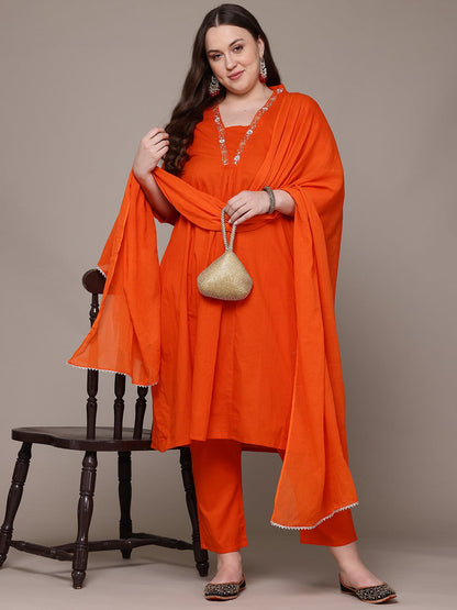 A Line Style Cotton Fabric Orange Colour Kurta With Bottom And Dupatta