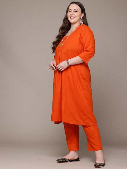 A Line Style Cotton Fabric Orange Colour Kurta With Bottom And Dupatta