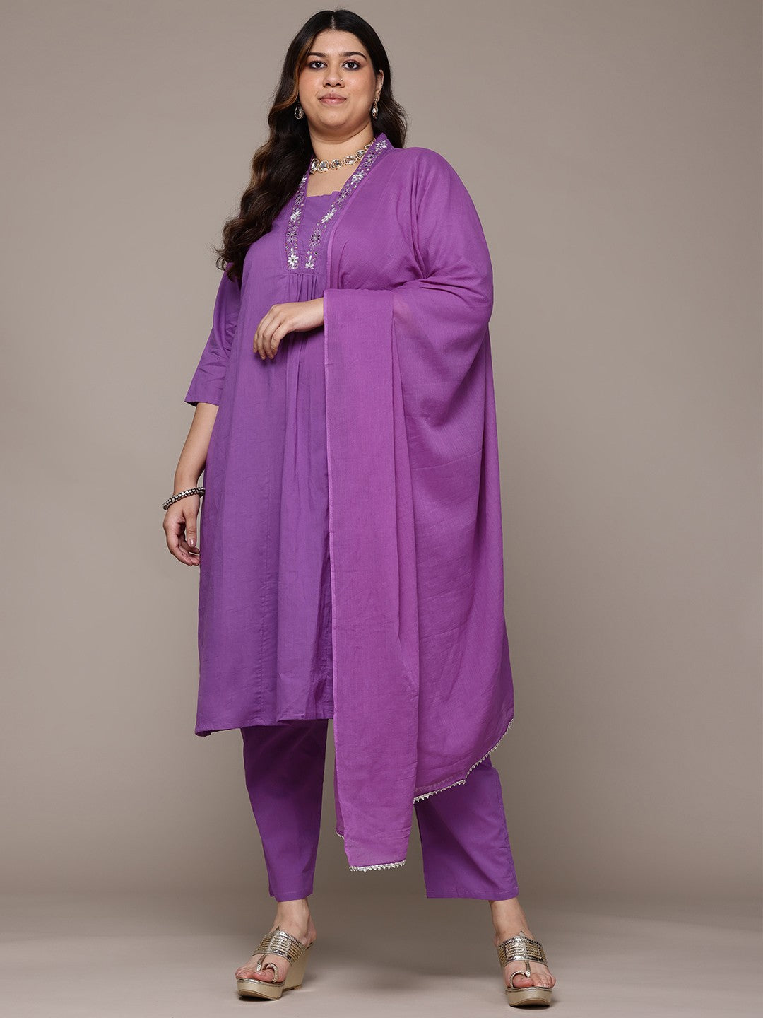 A Line Style Cotton Fabric Purple Colour Kurta With Bottom And Dupatta
