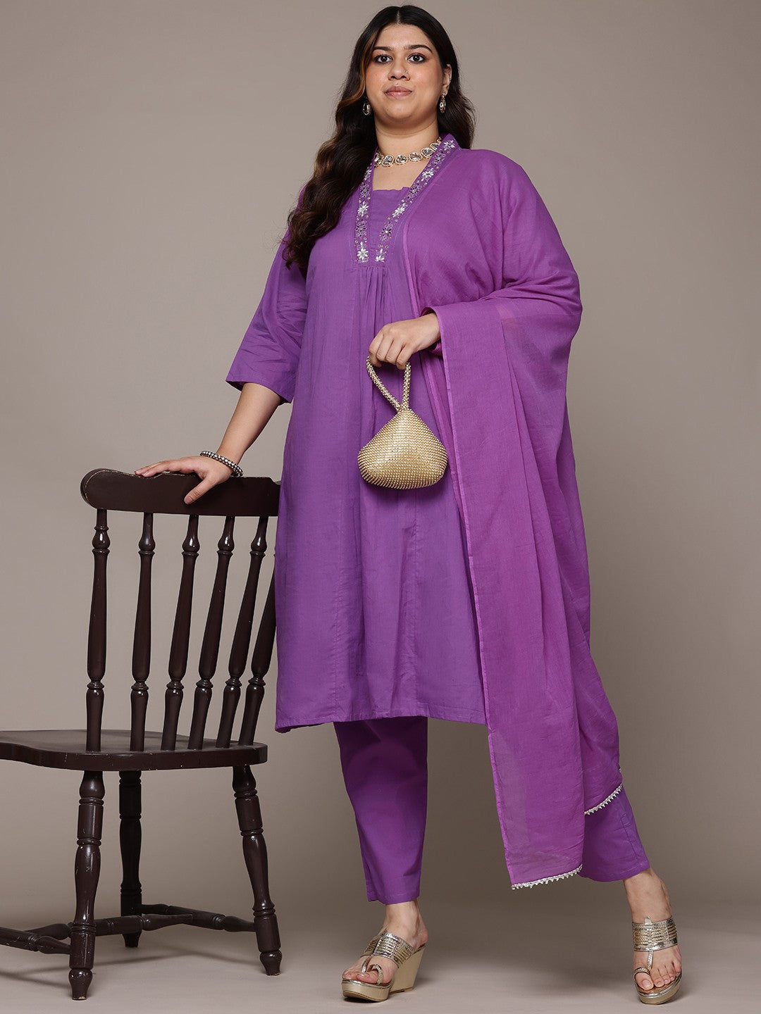 A Line Style Cotton Fabric Purple Colour Kurta With Bottom And Dupatta