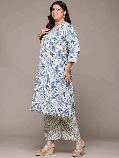 Anarkali Style Cotton Fabric Blue Colour Kurta With Bottom And Dupatta