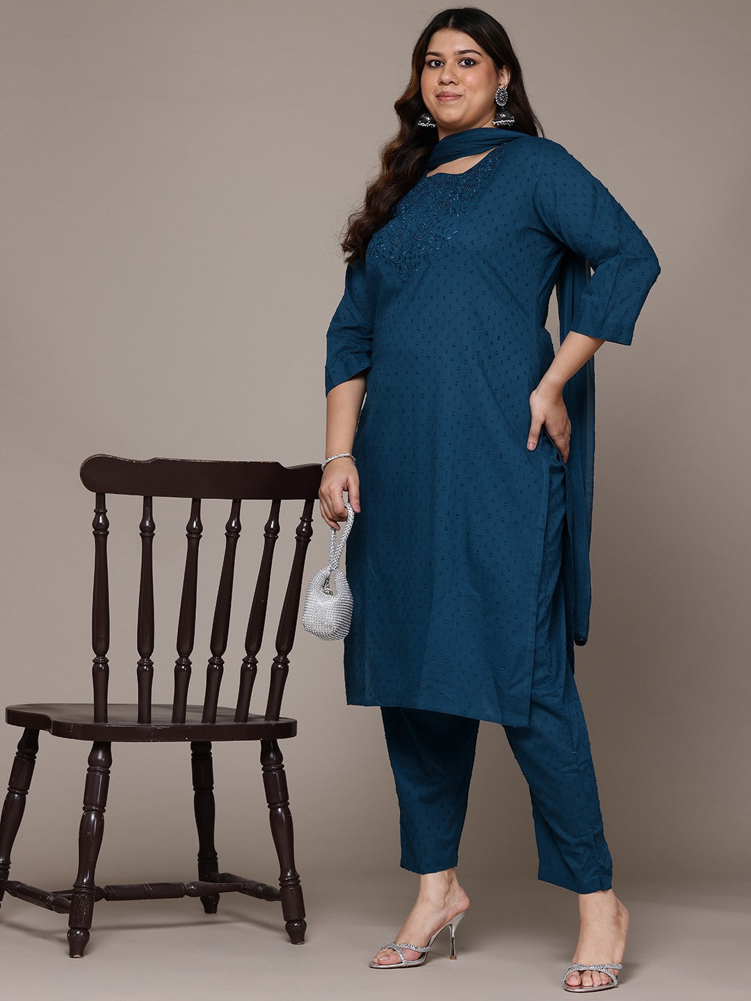 Straight Style Cotton Fabric Teal Colour Kurta With Bottom And Dupatta